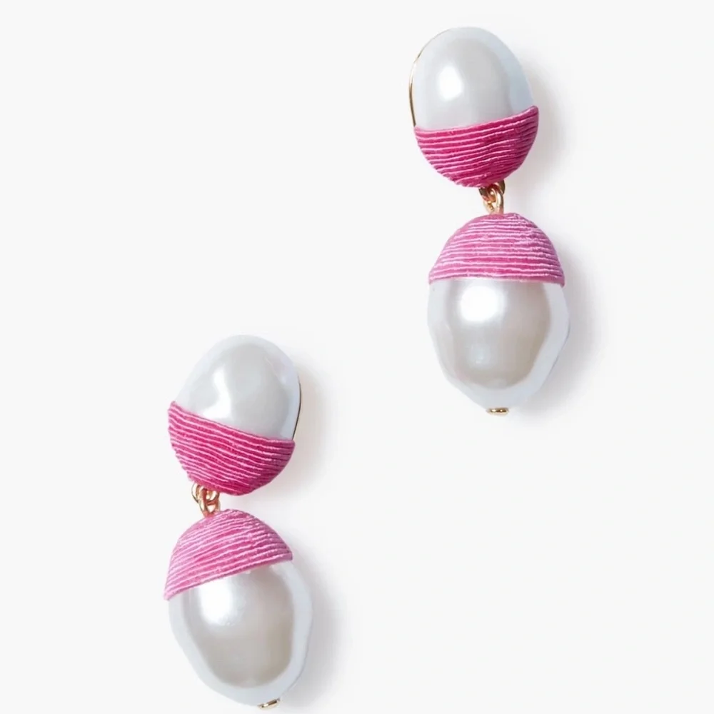 TUCKERNUCK Pearl + Fuchsia Raffia Nelle Drop Lantern Earrings | New - Picture 1 of 6